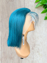 Load image into Gallery viewer, Teal Colored Straight Bob Transparent Lace Human Hair Wig 13x4 free Part 180% Density