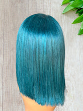 Load image into Gallery viewer, Teal Colored Straight Bob Transparent Lace Human Hair Wig 13x4 free Part 180% Density