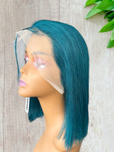 Load image into Gallery viewer, Teal Colored Straight Bob Transparent Lace Human Hair Wig 13x4 free Part 180% Density