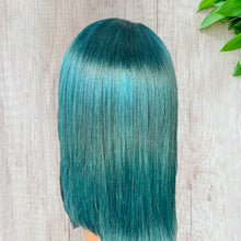 Load image into Gallery viewer, Teal Colored Straight Bob Transparent Lace Human Hair Wig 13x4 free Part 180% Density