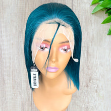 Load image into Gallery viewer, Teal Colored Straight Bob Transparent Lace Human Hair Wig 13x4 free Part 180% Density