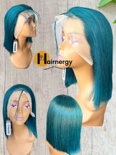 Load image into Gallery viewer, Teal Colored Straight Bob Transparent Lace Human Hair Wig 13x4 free Part 180% Density