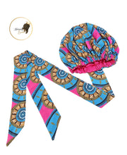 Load image into Gallery viewer, Large Satin Hair Bonnet Sleep Cap with elastic and extra long tie band