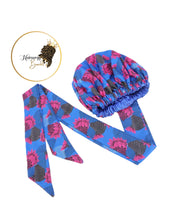 Load image into Gallery viewer, Large Satin Hair Bonnet Sleep Cap with elastic and extra long tie band