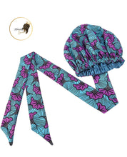 Load image into Gallery viewer, Large Satin Hair Bonnet Sleep Cap with elastic and extra long tie band