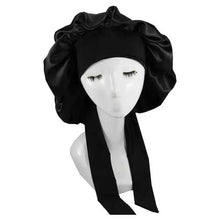 Load image into Gallery viewer, Women Big Large Braid Hair Head Wrap Satin Bonnets Black -Bonnet With Tie Edge Band Adjustable Straps Wide Band  Night Sleep Cap