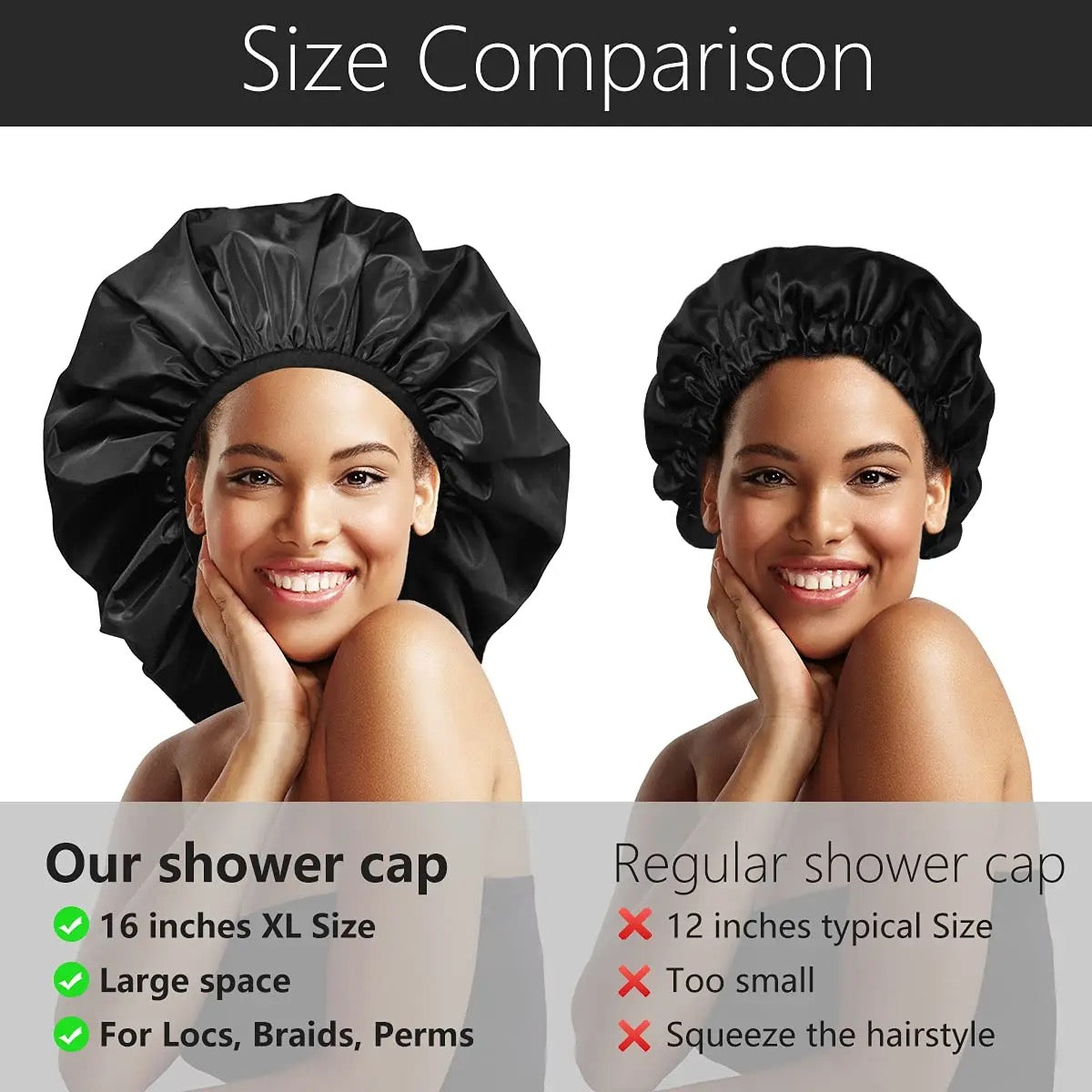 Black Adjustable X-Large Shower Cap, Satin Lined shower Bonnet