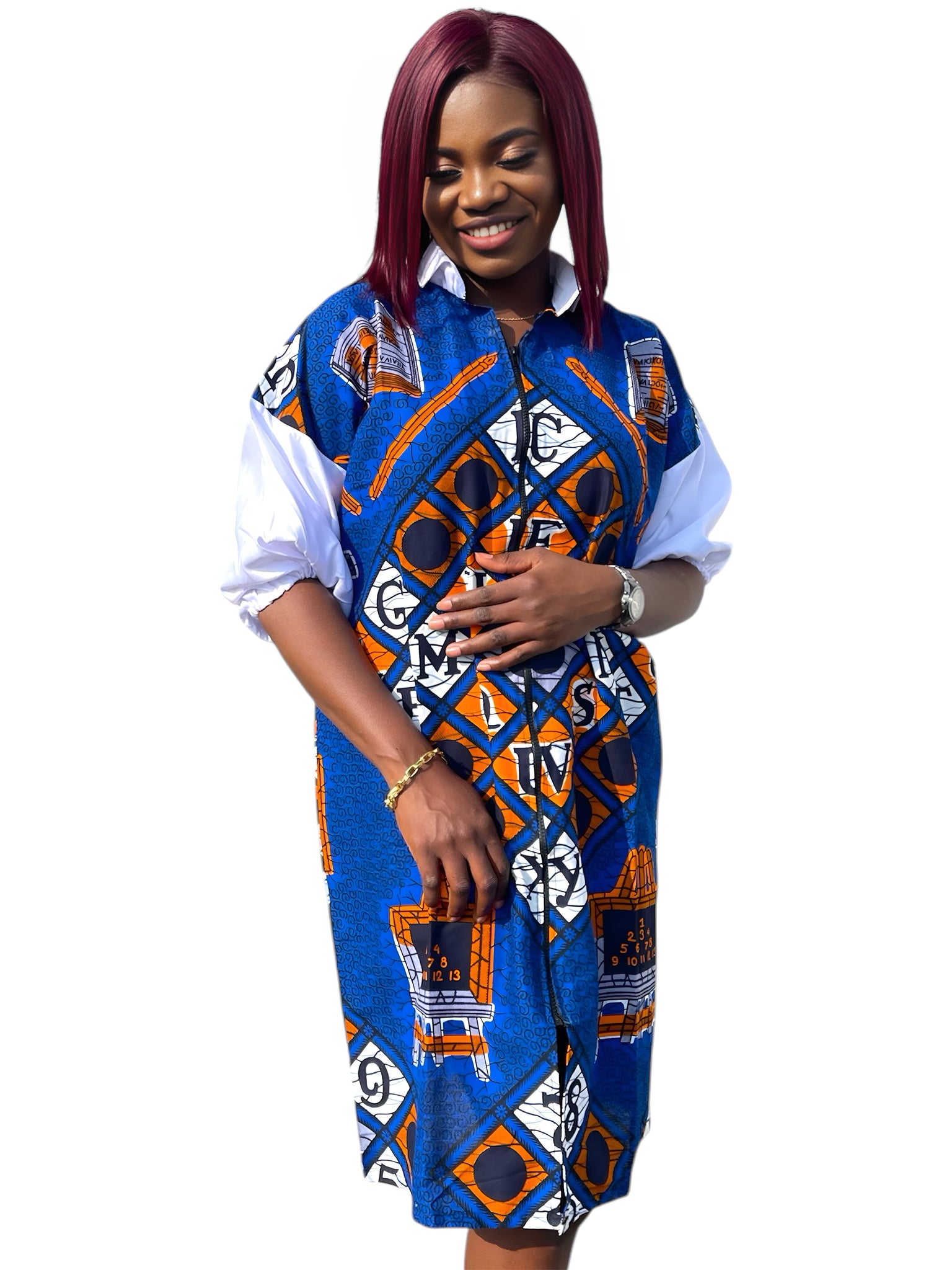 Zip-Up Ankara Shirt Dress 001 - Blue & Orange Print Hairnergy Braids Zip-Up Ankara Shirt Dress 001 - Blue & Orange Print Hairnergy Braids