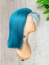 Load image into Gallery viewer, Teal Colored Straight Bob Transparent Lace Human Hair Wig 13x4 free Part 180% Density
