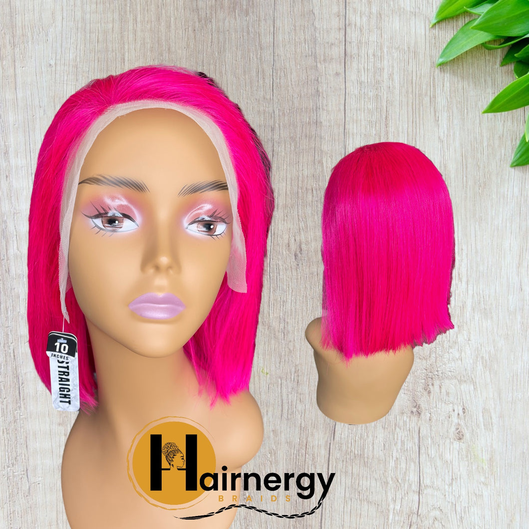Pink Colored Straight Bob Transparent Lace Human Hair Wig 13x4 free Part 180% Density