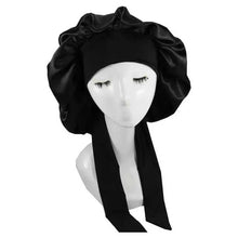 Load image into Gallery viewer, Women Big Large Braid Hair Head Wrap Satin Bonnets Black -Bonnet With Tie Edge Band Adjustable Straps Wide Band  Night Sleep Cap
