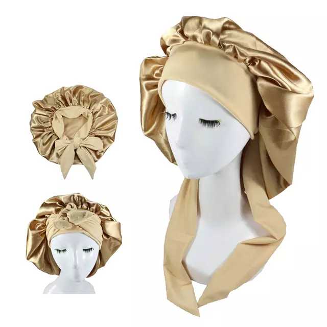 Women Big Large Braid Hair Head Wrap Satin Bonnets GOLDEN KHAKI -Bonnet With Tie Edge Band Adjustable Straps Wide Band Night Sleep Cap