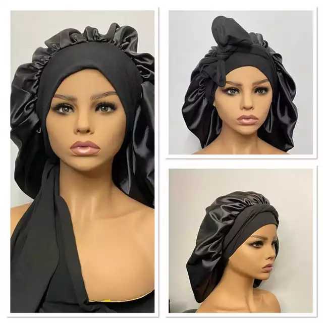 Women Big Large Braid Hair Head Wrap Satin Bonnets Black -Bonnet With Tie Edge Band Adjustable Straps Wide Band  Night Sleep Cap