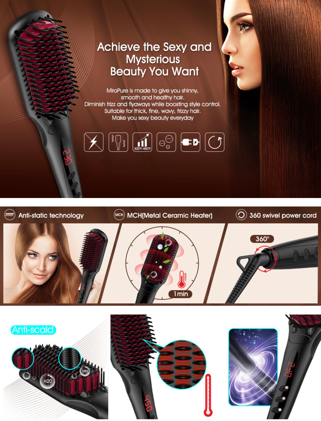 Enhanced Hair Straightener Brush By Miropure 2 in 1 Ionic Straightening Brush With Anti scald Feature Auto Temperature Lock Auto off Function