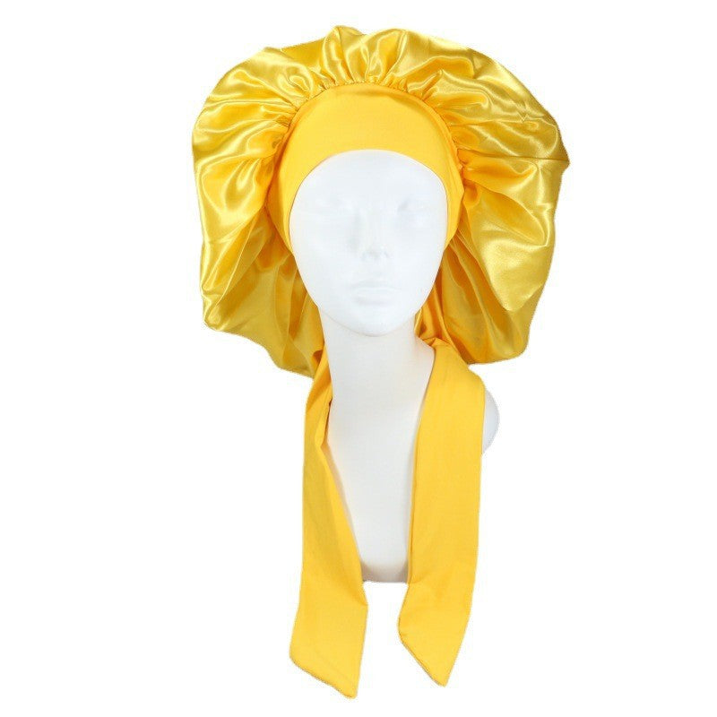 Women Big Large Braid Hair Head Wrap Satin Bonnet YELLOW -Bonnet With Tie Edge Band Adjustable Straps Wide Band Night Sleep Cap