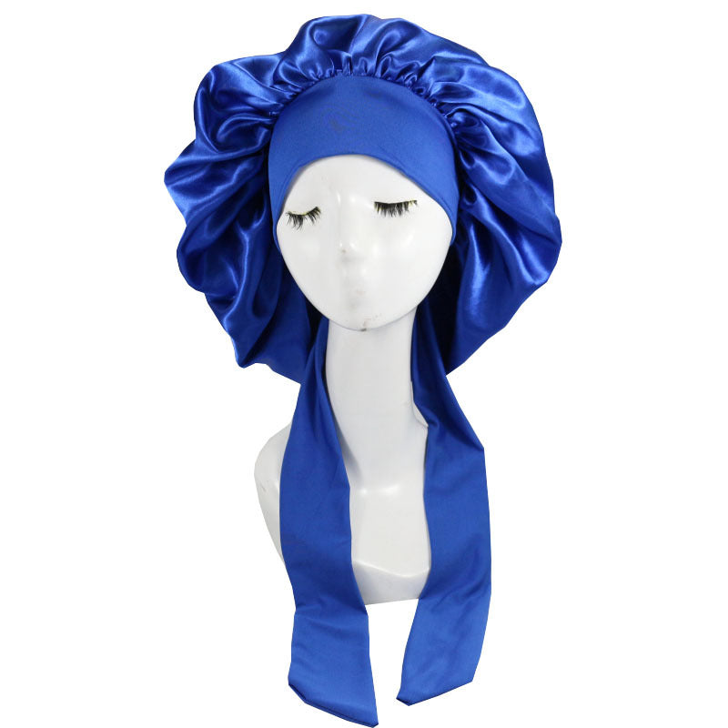 Women Big Large Braid Hair Head Wrap Satin Bonnet ROYAL BLUE -Bonnet With Tie Edge Band Adjustable Straps Wide Band Night Sleep Cap