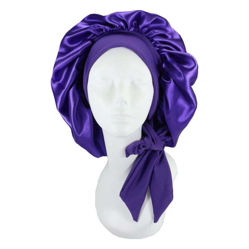 Women Big Large Braid Hair Head Wrap Satin Bonnet PURPLE-Bonnet With Tie Edge Band Adjustable Straps Wide Band Night Sleep Cap