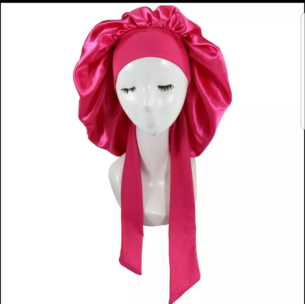 Women Big Large Braid Hair Head Wrap Satin Bonnets - ROSE RED -Bonnet With Tie Edge Band Adjustable Straps Wide Band Night Sleep Cap