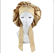 Load image into Gallery viewer, Women Big Large Braid Hair Head Wrap Satin Bonnets GOLDEN KHAKI -Bonnet With Tie Edge Band Adjustable Straps Wide Band Night Sleep Cap
